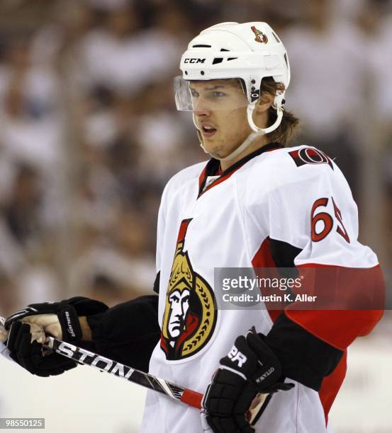 Erik Karlsson of the Ottawa Senators skates against the Pittsburgh Penguins in Game Two of the Eastern Conference Quarterfinals during the 2010 NHL...