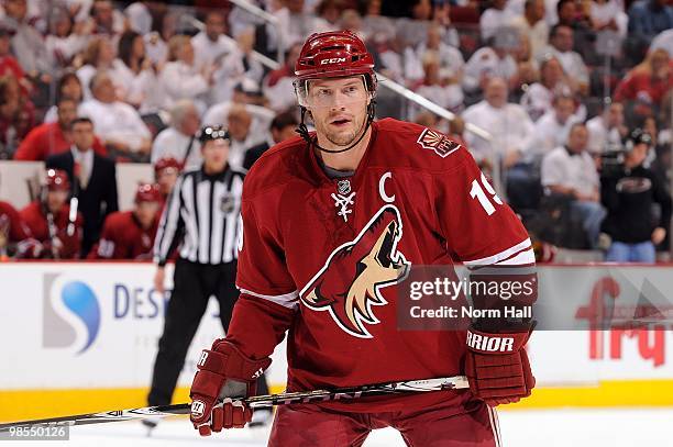 Shane Doan of the Phoenix Coyotes gets ready during a face off against the Detroit Red Wings in Game Two of the Western Conference Quarterfinals...