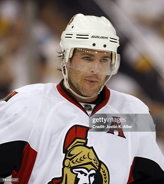 Mike Fisher of the Ottawa Senators skates against the Pittsburgh Penguins in Game Two of the Eastern Conference Quarterfinals during the 2010 NHL...