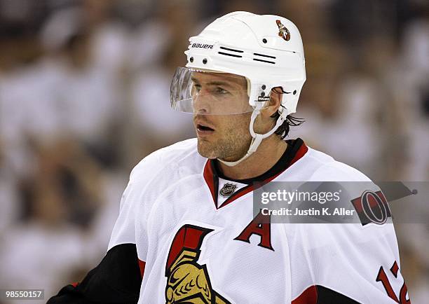 Mike Fisher of the Ottawa Senators skates against the Pittsburgh Penguins in Game Two of the Eastern Conference Quarterfinals during the 2010 NHL...