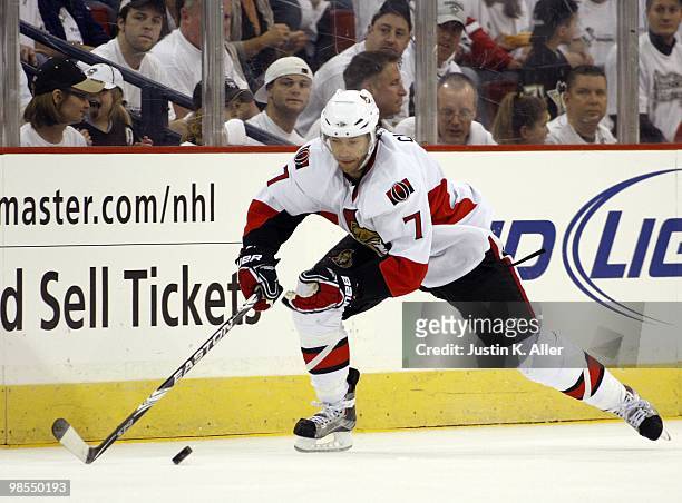 Matt Cullen of the Ottawa Senators handles the puck against the Pittsburgh Penguins in Game Two of the Eastern Conference Quarterfinals during the...