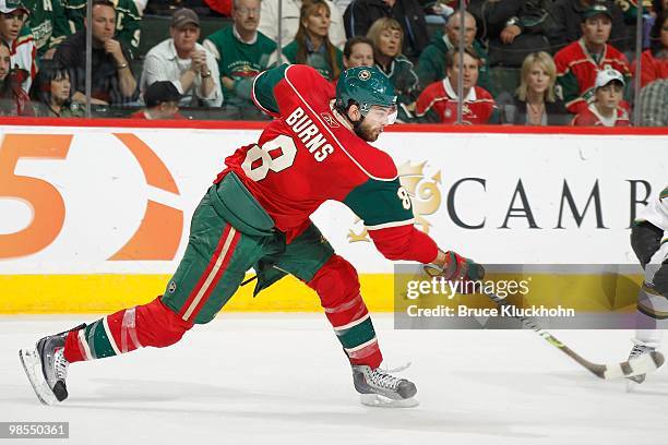 Brent Burns of the Minnesota Wild takes a shot against the Dallas Stars during the game at the Xcel Energy Center on April 10, 2010 in Saint Paul,...