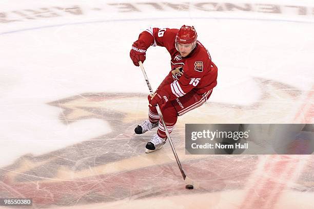 Matthew Lombardi of the Phoenix Coyotes skates the puck through center ice against the Detroit Red Wings in Game Two of the Western Conference...