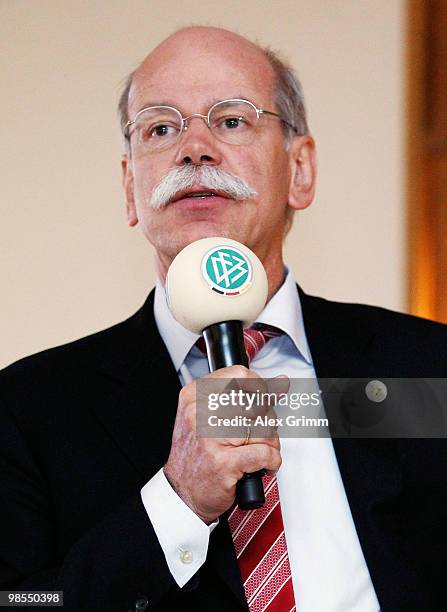 Dieter Zetsche, CEO of German car maker Mercedes Benz delivers a speech during a diner to celebrate the 20 year partnership between the German...