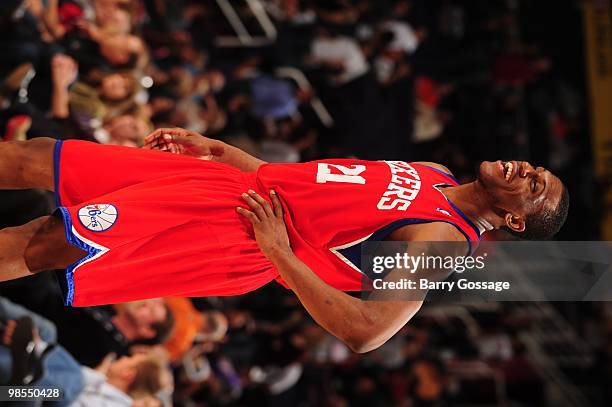 Thaddeus Young of the Philadelphia 76ers laughs during the game against the Phoenix Suns on February 24, 2010 at US Airways Center in Phoenix,...