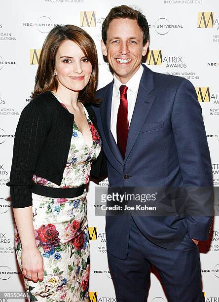 ComediansTina Fey and Seth Meyers attend the 2010 Matrix Awards presented by New York Women in Communications at The Waldorf=Astoria on April 19,...