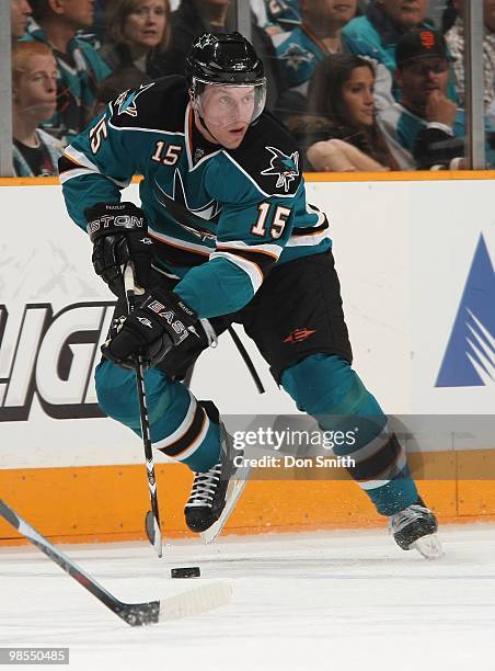 Dany Heatley of the San Jose Sharks looks to pass the puck in Game One of the Western Conference Quarterfinals during the 2010 NHL Stanley Cup...