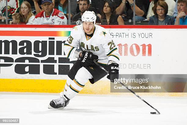 Steve Ott of the Dallas Stars skates with the puck against the Minnesota Wild during the game at the Xcel Energy Center on April 10, 2010 in Saint...