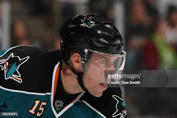 Dany Heatley of the San Jose Sharks prepares for a face-off in Game One of the Western Conference Quarterfinals during the 2010 NHL Stanley Cup...
