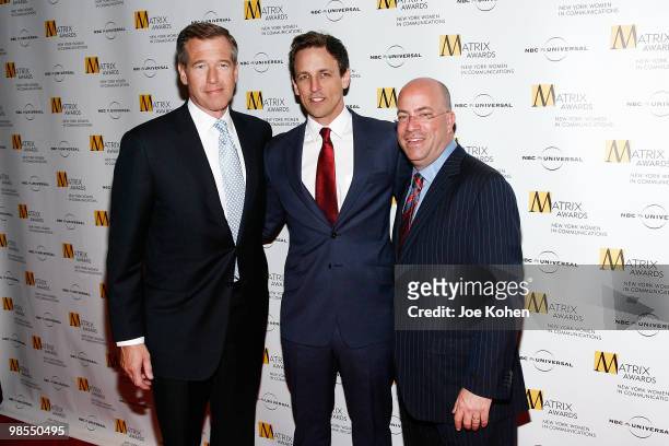 News personality Brian Williams, comedian Seth Meyers and president and CEO of NBC Universal Jeff Zucker attend the 2010 Matrix Awards presented by...