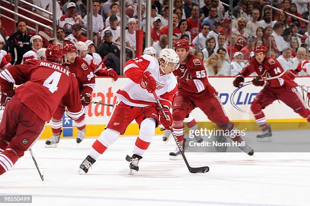 Valtteri Filppula of the Detroit Red Wings skates the puck up ice against the Phoenix Coyotes in Game Two of the Western Conference Quarterfinals...