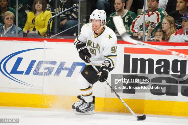 Brad Richards of the Dallas Stars skates with the puck against the Minnesota Wild during the game at the Xcel Energy Center on April 10, 2010 in...