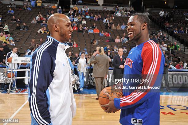 Chauncey Billups of the Denver Nuggets talks with Rodney Stuckey of the Detroit Pistons on February 26, 2010 at the Pepsi Center in Denver, Colorado....