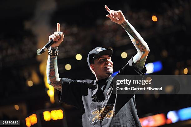 Vanilla Ice performs during the Denver Nuggets v the Detroit Pistons on February 26, 2010 at the Pepsi Center in Denver, Colorado. NOTE TO USER: User...