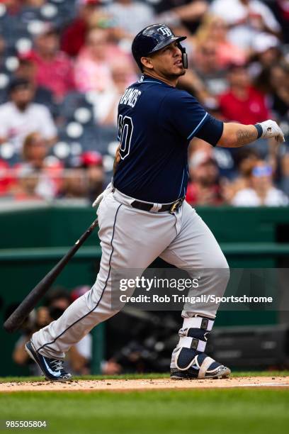 Wilson Ramos of the Tampa Bay Rays bats during the game against the Washington Nationals at Nationals Park on Wednesday June 6, 2018 in Washington,...