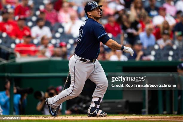 Wilson Ramos of the Tampa Bay Rays bats during the game against the Washington Nationals at Nationals Park on Wednesday June 6, 2018 in Washington,...