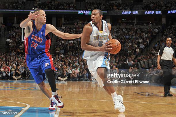 Arron Afflalo of the Denver Nuggets drives to the basket against Tayshaun Prince of the Detroit Pistons on February 26, 2010 at the Pepsi Center in...