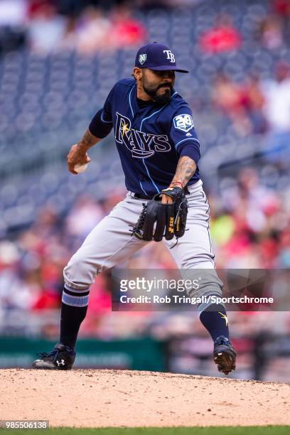 Sergio Romo of the Tampa Bay Rays pitches during the game against the Washington Nationals at Nationals Park on Wednesday June 6, 2018 in Washington,...