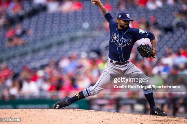 Sergio Romo of the Tampa Bay Rays pitches during the game against the Washington Nationals at Nationals Park on Wednesday June 6, 2018 in Washington,...