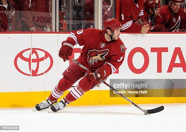 Keith Yandle of the Phoenix Coyotes turns the puck up ice against the Detroit Red Wings in Game Two of the Western Conference Quarterfinals during...
