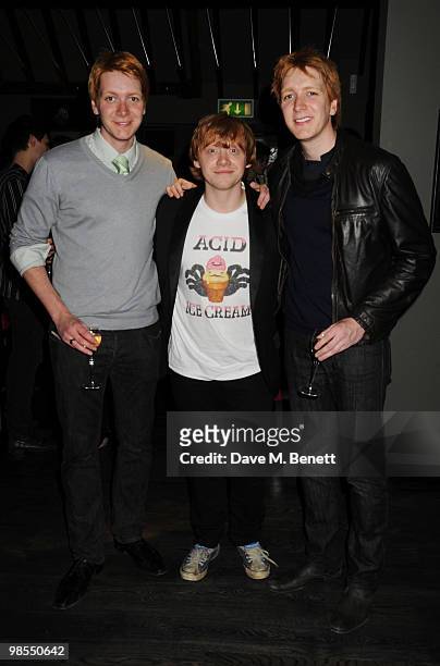 Rupert Grint with James Phelps and Oliver Phelps attend the private screening of 'Cherrybomb', at Beaufort House on April 19, 2010 in London, England.