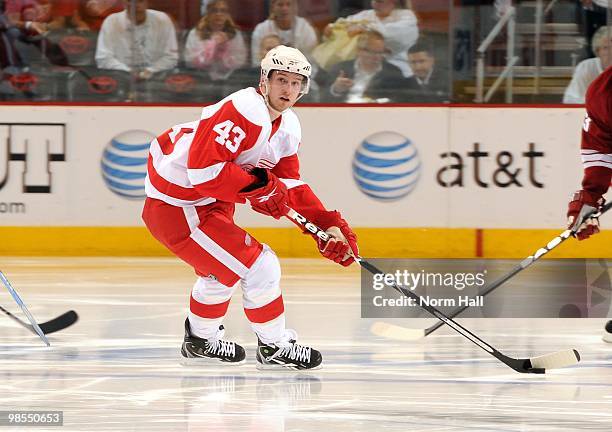 Darren Helm of the Detroit Red Wings looks to pass the puck up ice against the Phoenix Coyotes in Game Two of the Western Conference Quarterfinals...