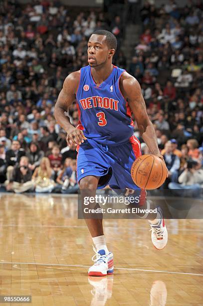 Rodney Stuckey of the Detroit Pistons drives the ball against the Denver Nuggets on February 26, 2010 at the Pepsi Center in Denver, Colorado. NOTE...