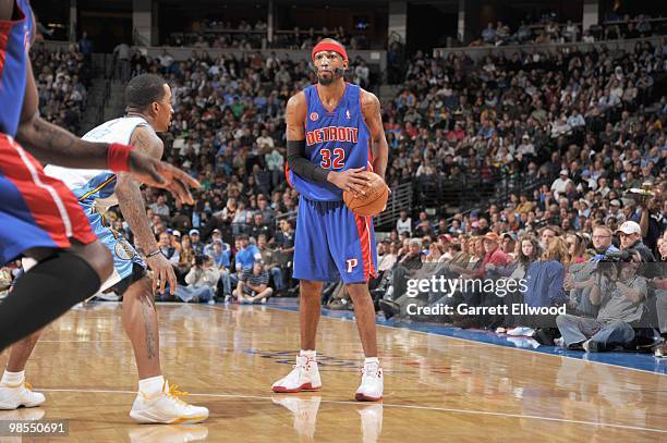 Richard Hamilton of the Detroit Pistons looks to move the ball against the Denver Nuggets on February 26, 2010 at the Pepsi Center in Denver,...