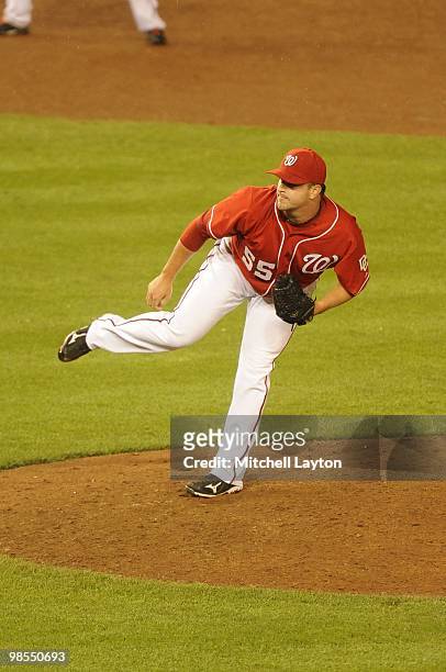 Matt Capps of the Washington Nationals pitches during a baseball game against the Washington Nationals on April16, 2010 at Nationals Park in...
