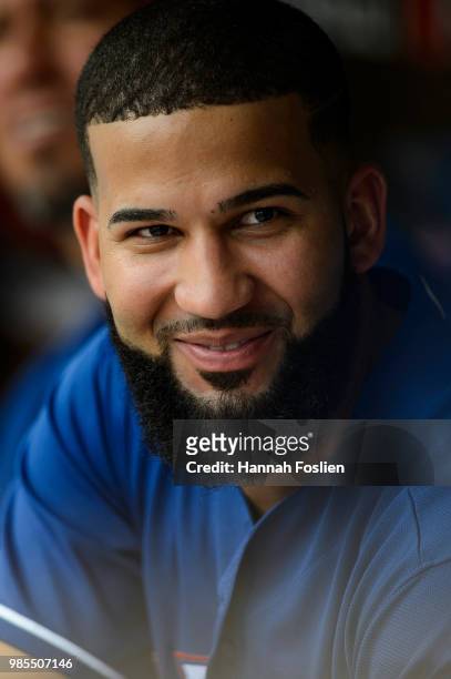 Nomar Mazara of the Texas Rangers looks on before the game against the Minnesota Twins on June 23, 2018 at Target Field in Minneapolis, Minnesota....