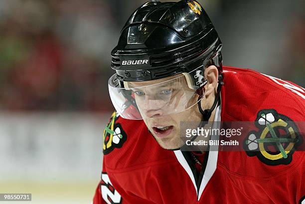 Kris Versteeg of the Chicago Blackhawks waits for the puck to drop at Game One of the Western Conference Quarterfinals against the Nashville...