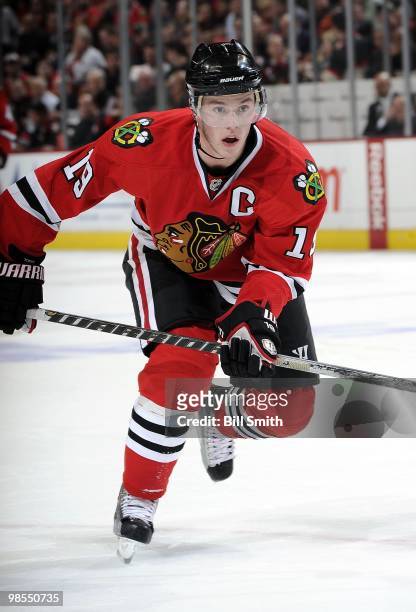 Jonathan Toews of the Chicago Blackhawks chases after the puck at Game One of the Western Conference Quarterfinals against the Nashville Predators...