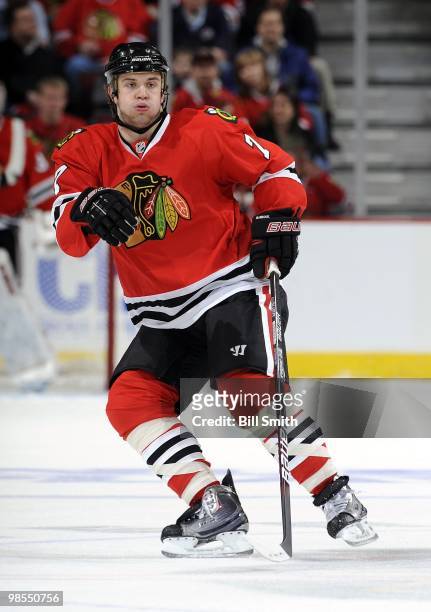 Brent Seabrook of the Chicago Blackhawks watches for the puck at Game One of the Western Conference Quarterfinals against the Nashville Predators...