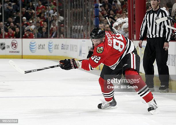 Tomas Kopecky of the Chicago Blackhawks shoots the puck at Game One of the Western Conference Quarterfinals against the Nashville Predators during...