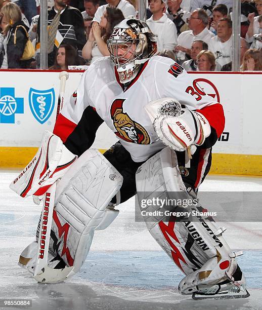 Brian Elliott of the Ottawa Senators defends the net against the Pittsburgh Penguins in Game Two of the Eastern Conference Quarterfinals during the...