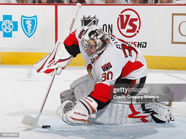 Brian Elliott of the Ottawa Senators makes a save against the Pittsburgh Penguins in Game Two of the Eastern Conference Quarterfinals during the 2010...