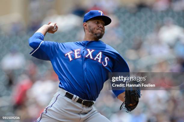 Yovani Gallardo of the Texas Rangers delivers a pitch against the Minnesota Twins during the game on June 23, 2018 at Target Field in Minneapolis,...