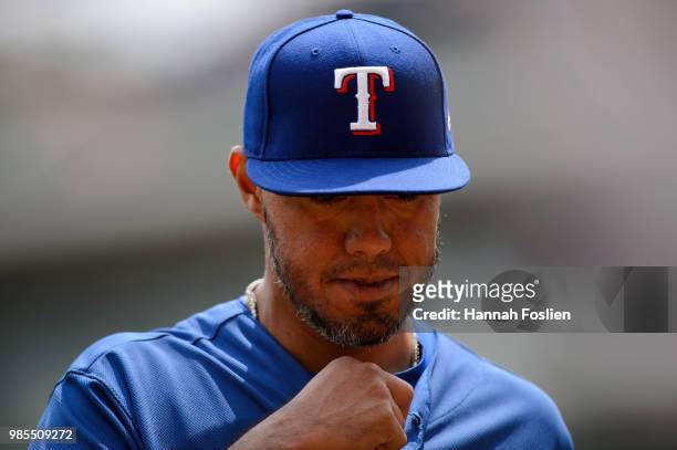 Yovani Gallardo of the Texas Rangers looks on during the game against the Minnesota Twins on June 23, 2018 at Target Field in Minneapolis, Minnesota....