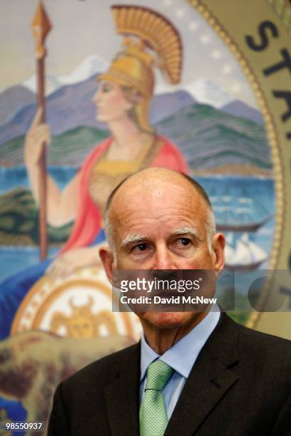 California Attorney General and gubernatorial candidate Jerry Brown addresses a press conference to announce that he is filing a motion to compel...