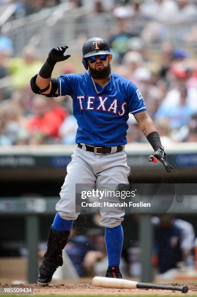 Rougned Odor of the Texas Rangers reacts to striking out against the Minnesota Twins during the game on June 23, 2018 at Target Field in Minneapolis,...