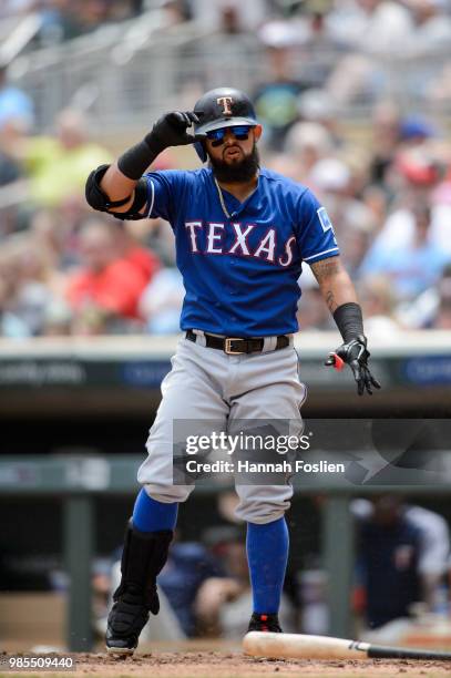 Rougned Odor of the Texas Rangers reacts to striking out against the Minnesota Twins during the game on June 23, 2018 at Target Field in Minneapolis,...