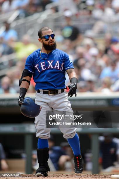 Rougned Odor of the Texas Rangers reacts to striking out against the Minnesota Twins during the game on June 23, 2018 at Target Field in Minneapolis,...