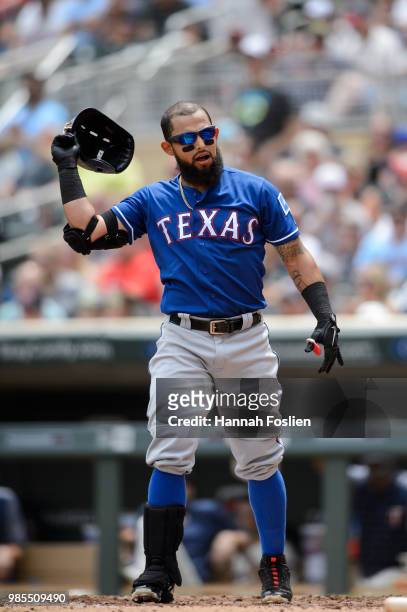 Rougned Odor of the Texas Rangers reacts to striking out against the Minnesota Twins during the game on June 23, 2018 at Target Field in Minneapolis,...