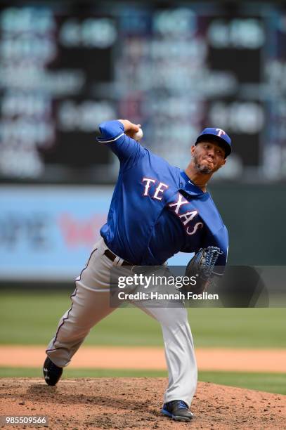 Yovani Gallardo of the Texas Rangers delivers a pitch against the Minnesota Twins during the game on June 23, 2018 at Target Field in Minneapolis,...