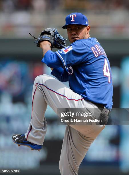 Yovani Gallardo of the Texas Rangers delivers a pitch against the Minnesota Twins during the game on June 23, 2018 at Target Field in Minneapolis,...