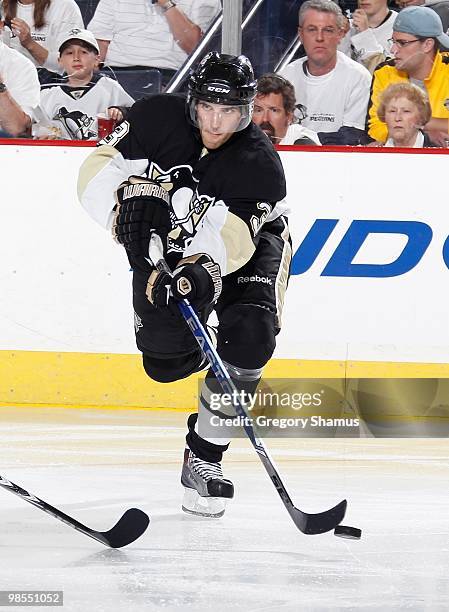 Alex Goligoski of the Pittsburgh Penguins makes a pass against the Ottawa Senators in Game Two of the Eastern Conference Quarterfinals during the...