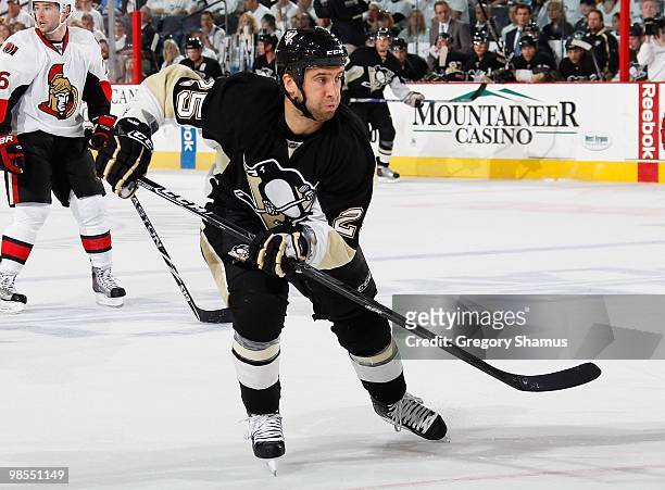 Maxime Talbot of the Pittsburgh Penguins skates up ice against the Ottawa Senators in Game Two of the Eastern Conference Quarterfinals during the...