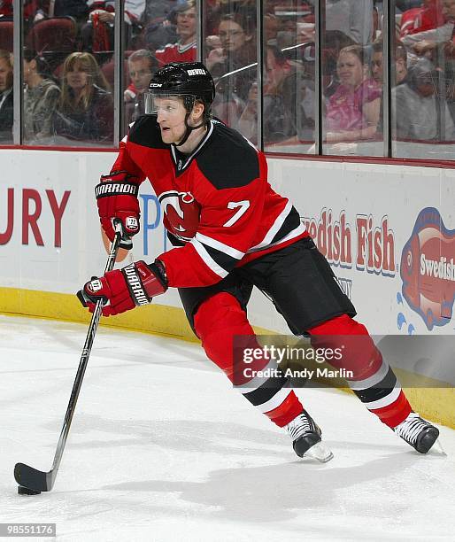 Paul Martin of the New Jersey Devils plays the puck against the Philadelphia Flyers in Game Two of the Eastern Conference Quarterfinals during the...