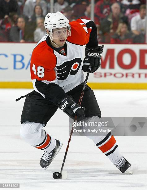 Danny Briere of the Philadelphia Flyers plays the puck against the New Jersey Devils in Game Two of the Eastern Conference Quarterfinals during the...