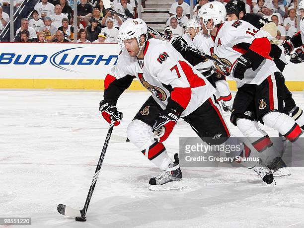 Matt Cullen of the Ottawa Senators moves the puck against the Pittsburgh Penguins in Game Two of the Eastern Conference Quarterfinals during the 2010...